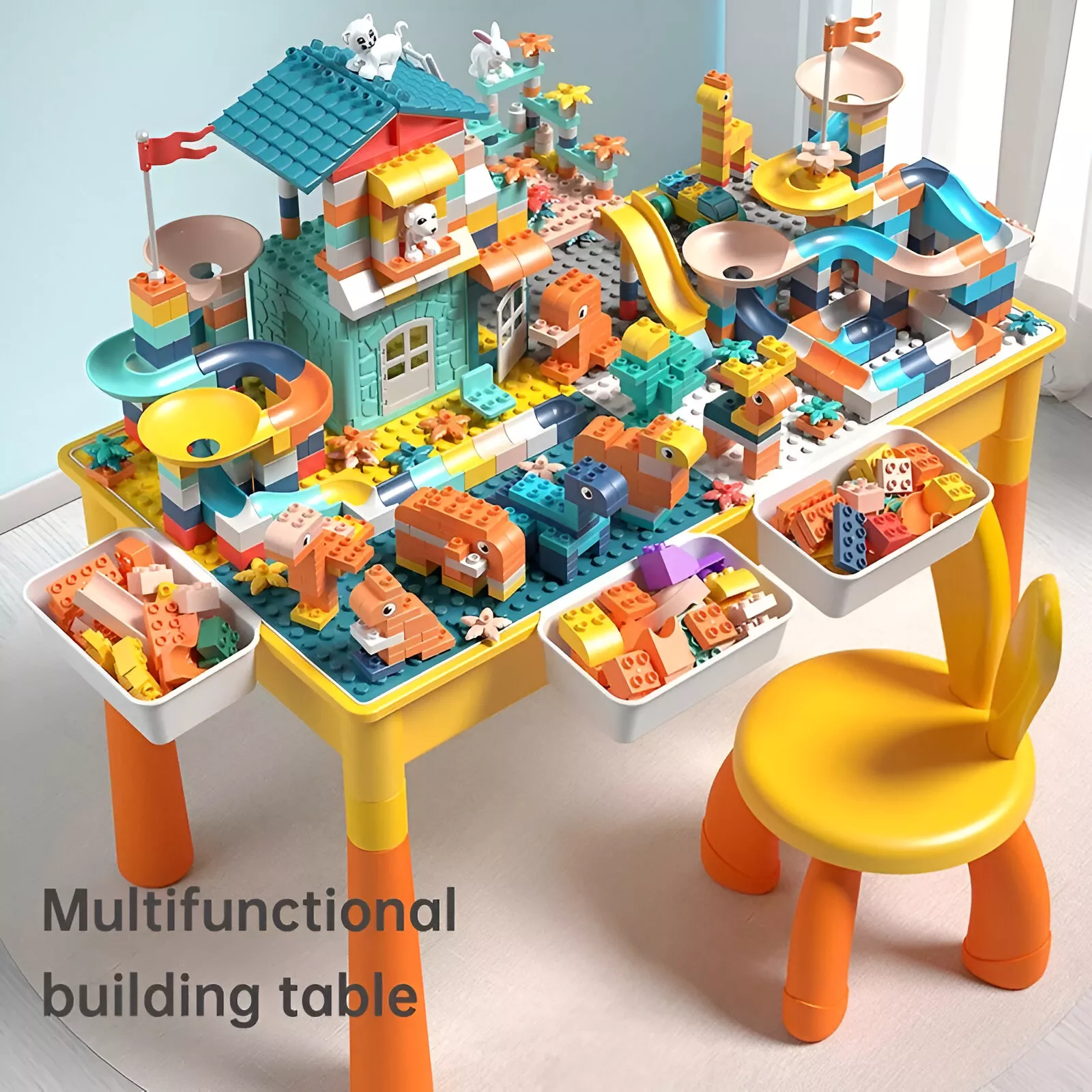 5-in-1 Kids Activity Water Table & Chair Set with 143-Piece Marble Run Building Blocks - Image 2