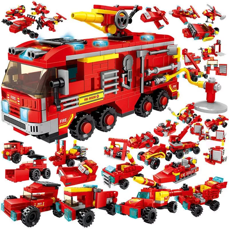 Fire Station Building Block Set with Fire Truck and Helicopter