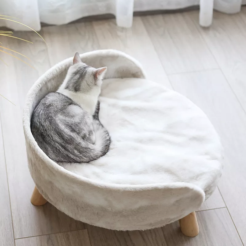Large Luxury Soft Cat Bed with Warm Plush Fabric and Wood Legs - Image 2