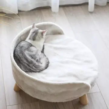 Large Luxury Soft Cat Bed with Warm Plush Fabric and Wood Legs