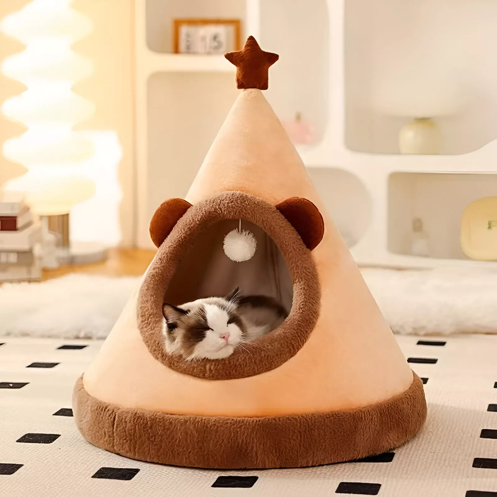 Cozy Cartoon Cat Bed - Washable Deep Sleep Tent for Small and Medium Pets
