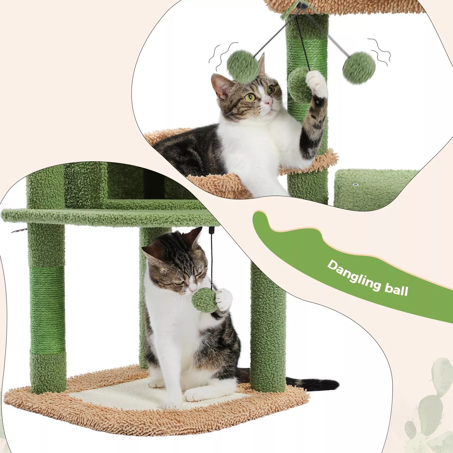 42-Inch Cactus Cat Tree with Scratching Posts, Hammock, and Condo - Image 4