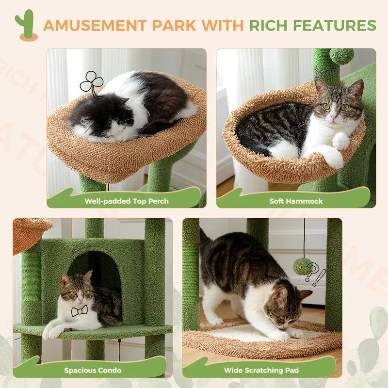 42-Inch Cactus Cat Tree with Scratching Posts, Hammock, and Condo - Image 3