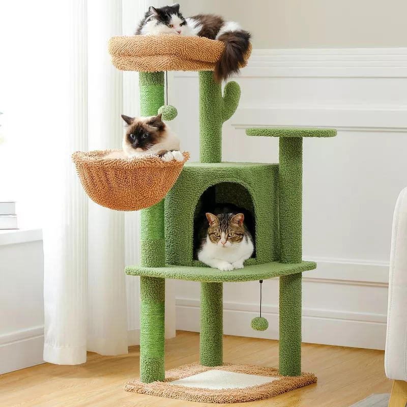 42-Inch Cactus Cat Tree with Scratching Posts, Hammock, and Condo