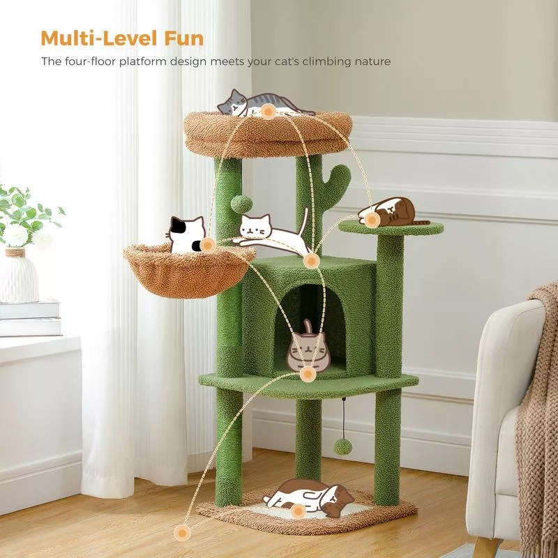 42-Inch Cactus Cat Tree with Scratching Posts, Hammock, and Condo - Image 5