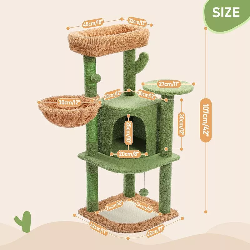 42-Inch Cactus Cat Tree with Scratching Posts, Hammock, and Condo - Image 6