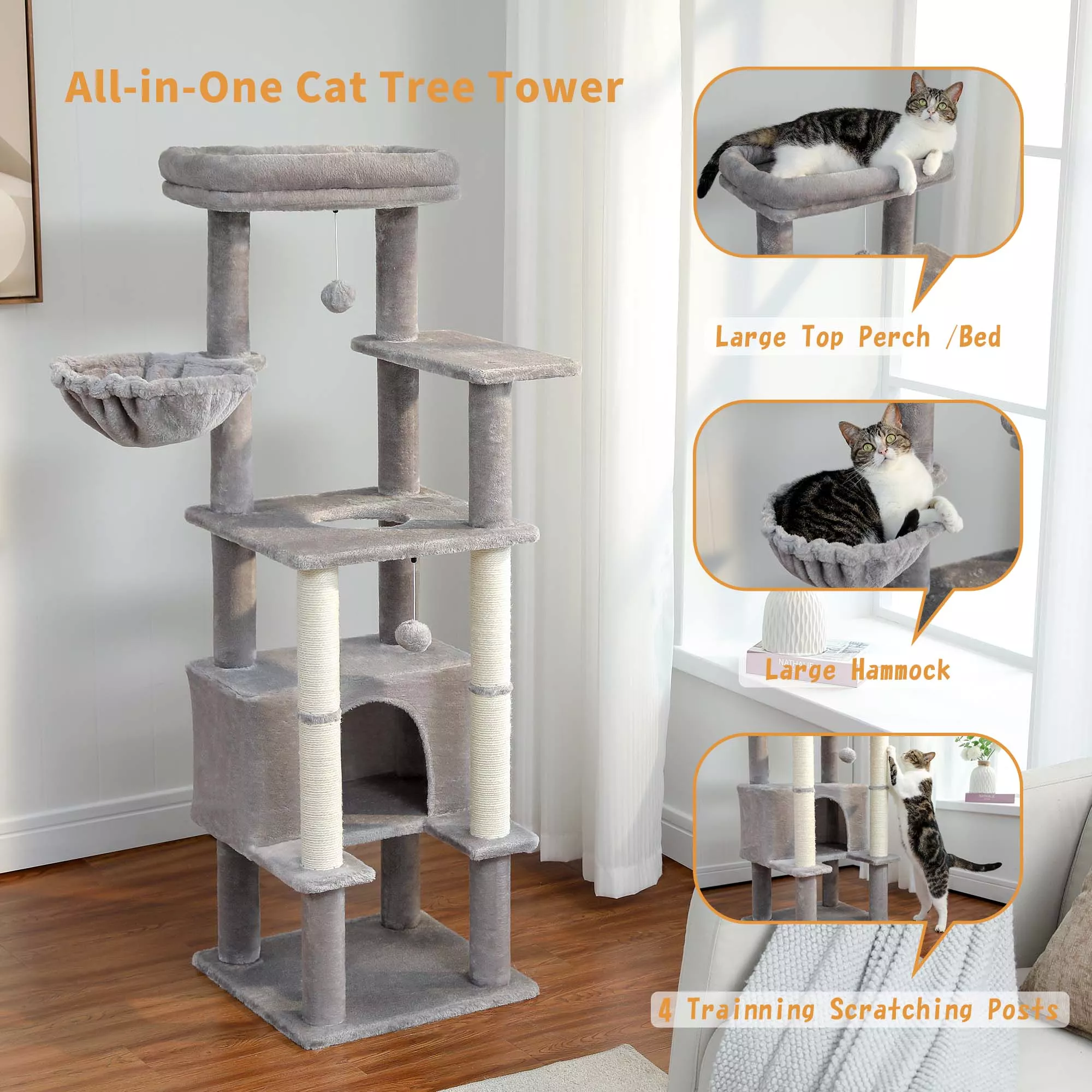 140CM Multi-Level Cat Tree Tower with Sisal Scratching Posts and Large Condo - Image 2
