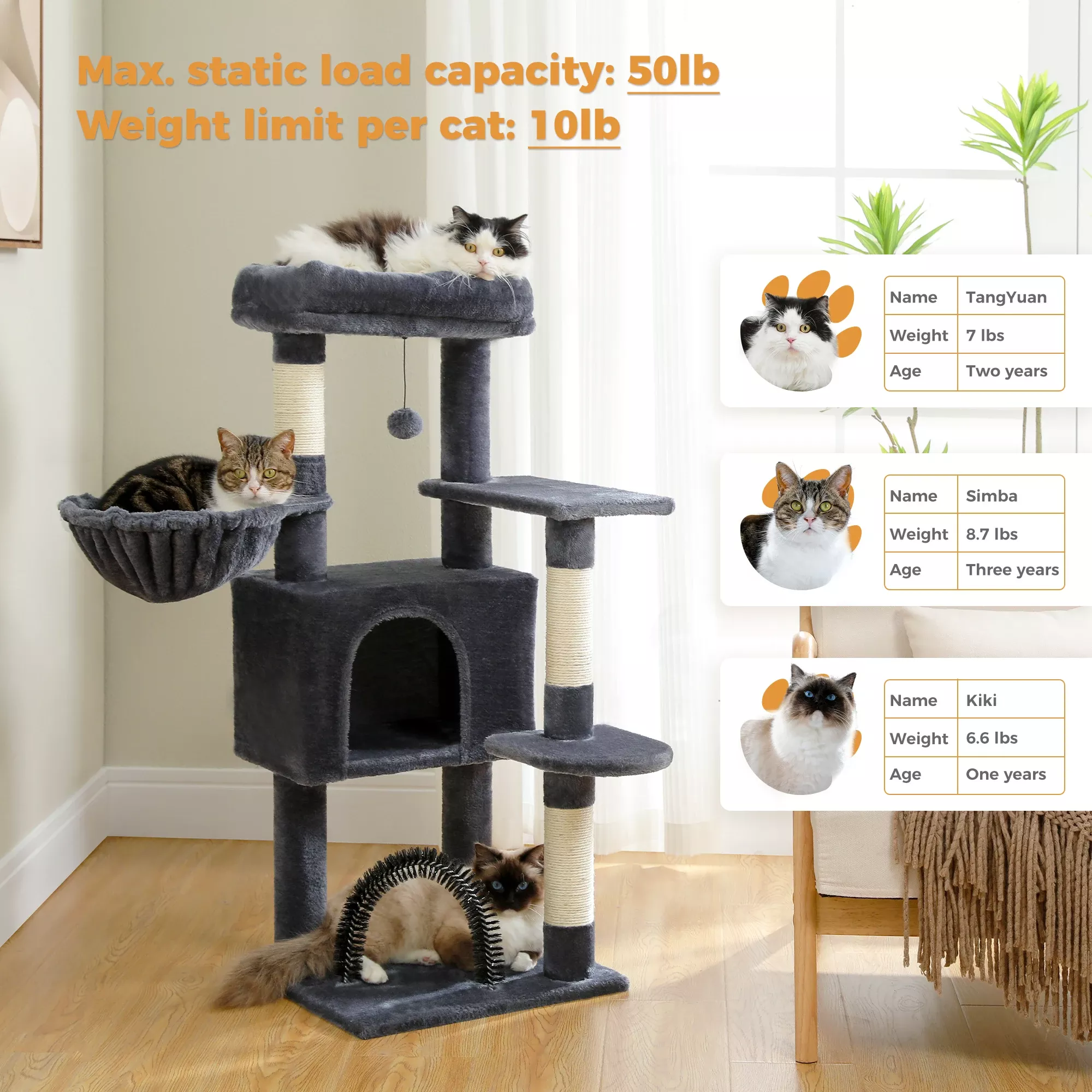 Multi-Level Cat Tree Tower with Sisal Scratching Post & Self-Groomer - Image 2