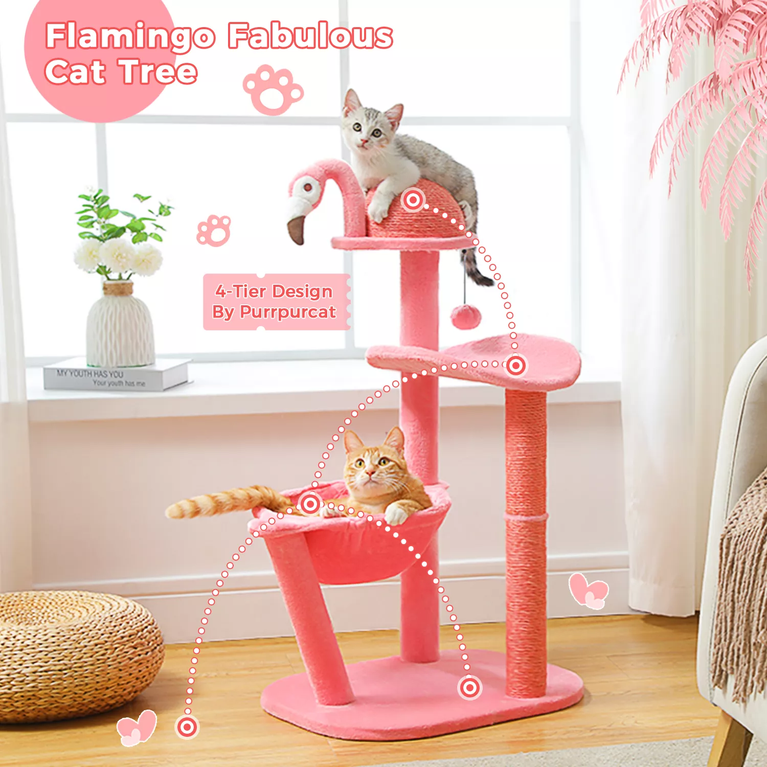 Multi-Level Flamingo Cat Tree with Scratching Posts, Hammock, and Perch - Image 3