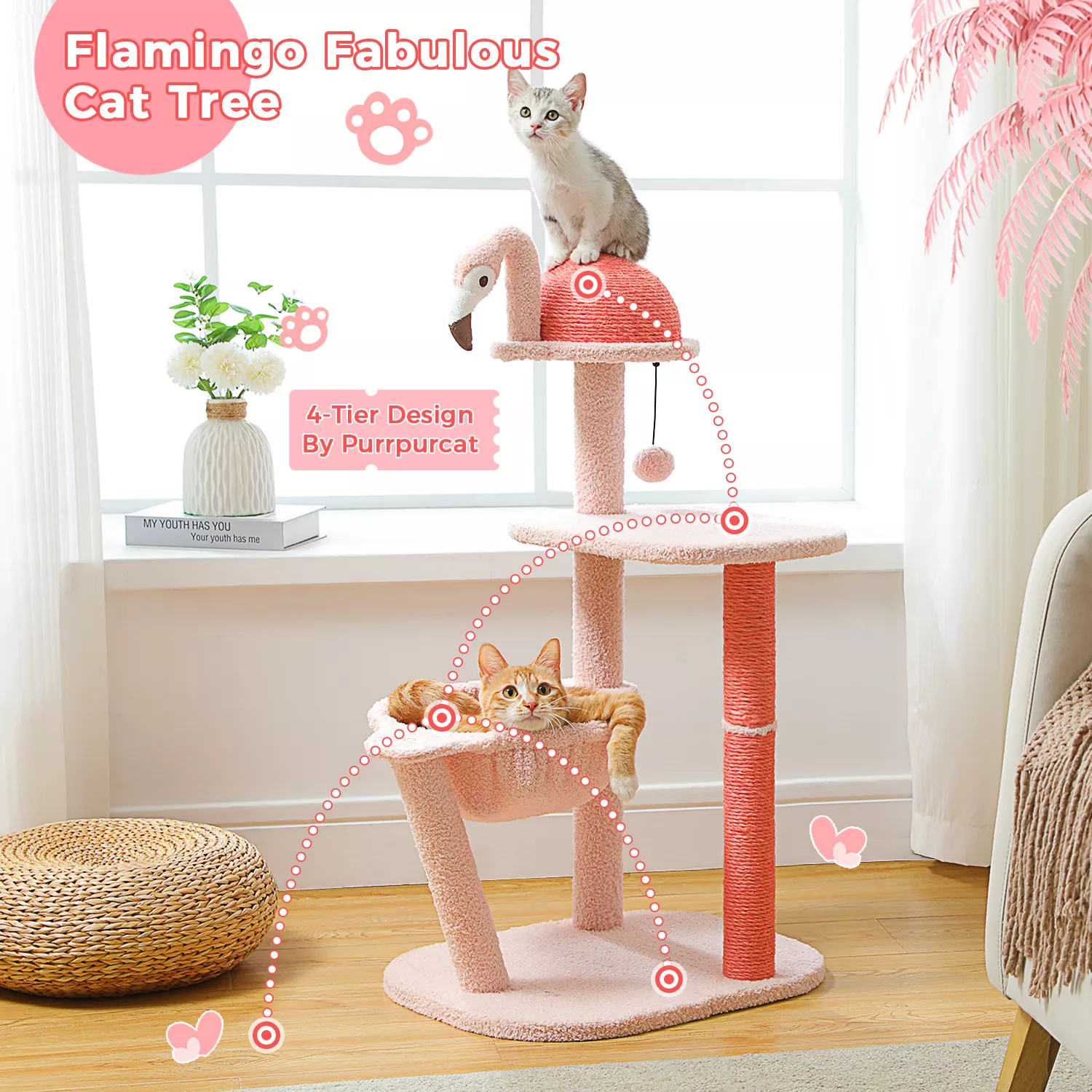Multi-Level Flamingo Cat Tree with Scratching Posts, Hammock, and Perch - Image 2