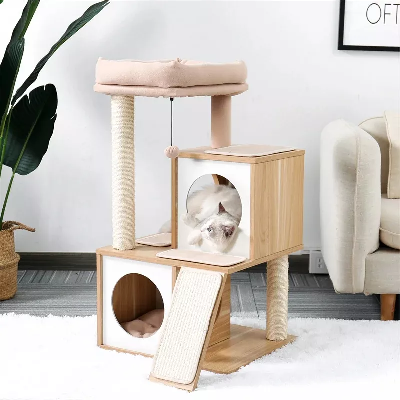 Modern Cat Tree House with Scratching Board, Double Condos & Perch