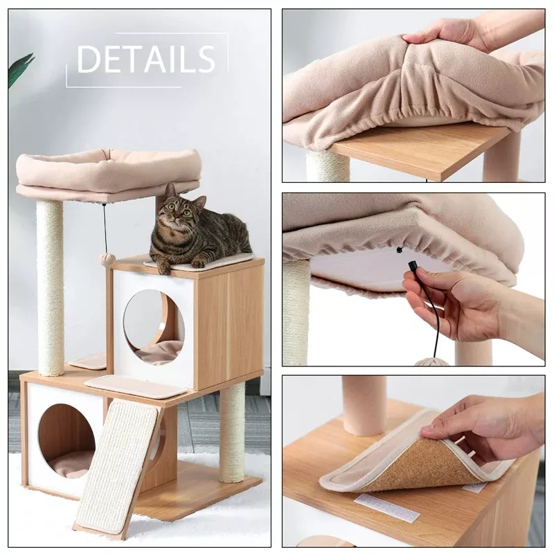Modern Cat Tree House with Scratching Board, Double Condos & Perch - Image 3