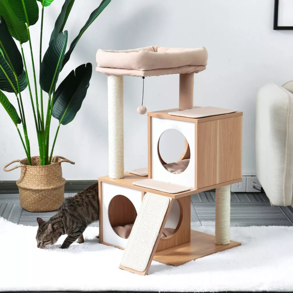 Modern Cat Tree House with Scratching Board, Double Condos & Perch - Image 2