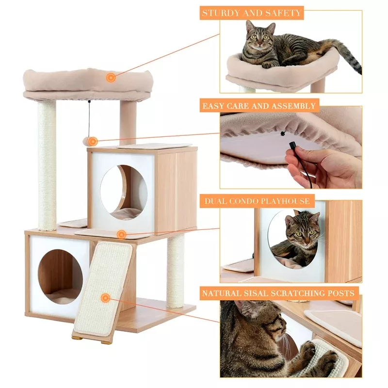 Modern Cat Tree House with Scratching Board, Double Condos & Perch - Image 4