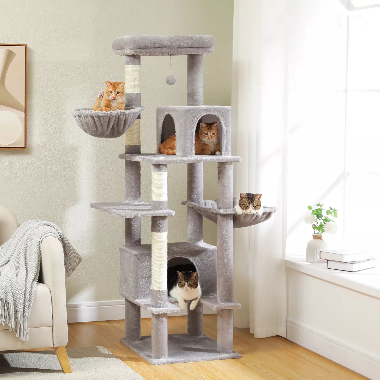 Multi-Level Cat Tree Tower with Sisal Scratching Post, Cat Condos & Cozy Hammock - Image 5