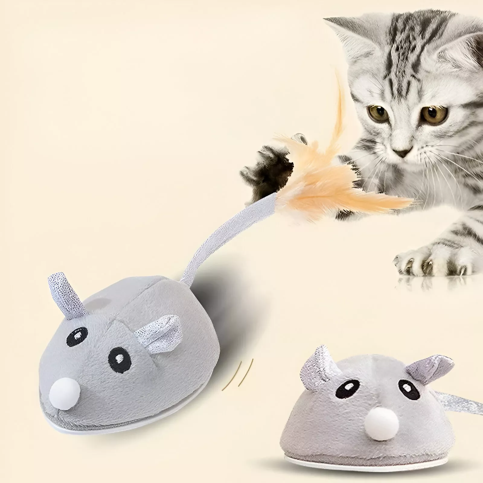 USB Rechargeable Moving Mouse Cat Toy with Feather - Image 5