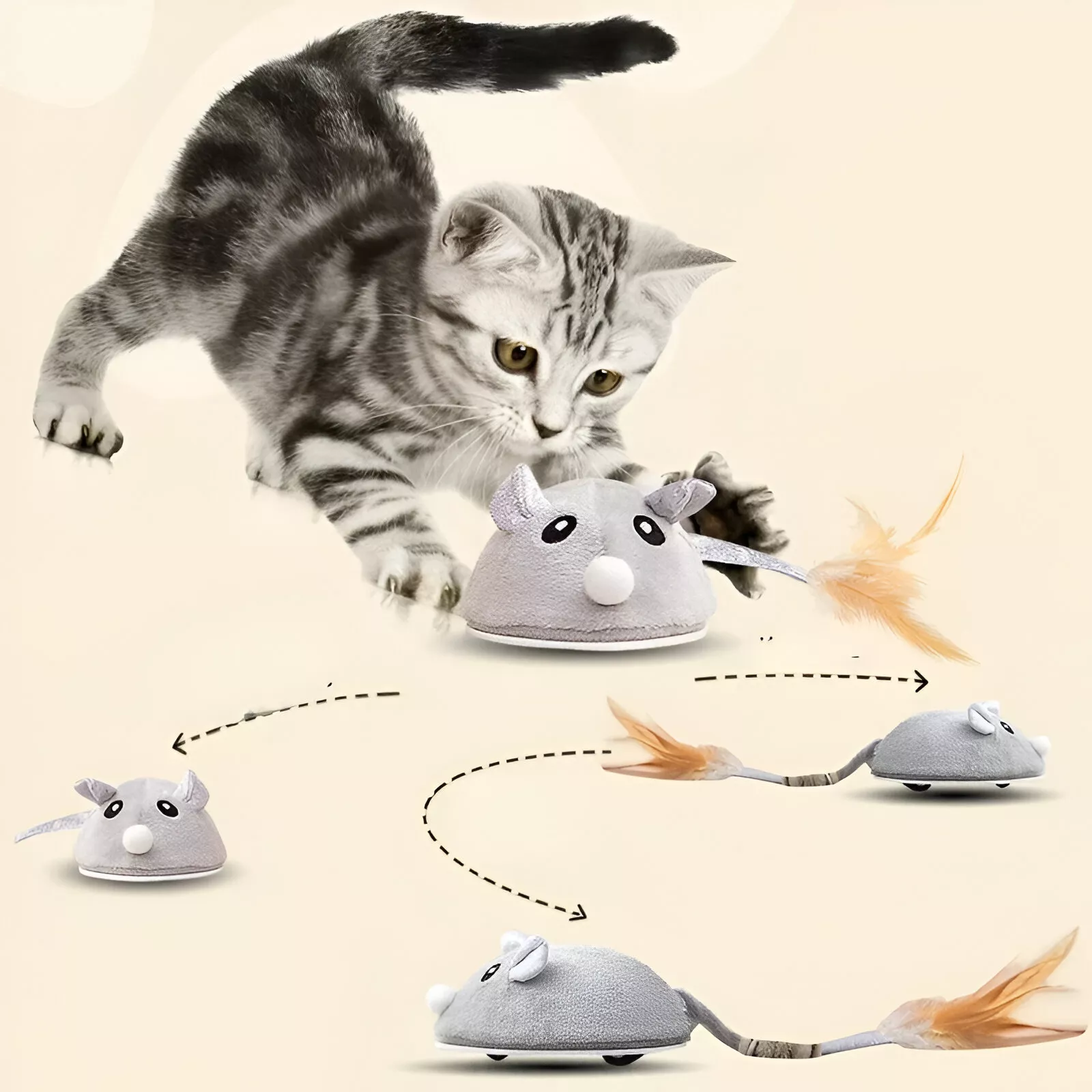 USB Rechargeable Moving Mouse Cat Toy with Feather - Image 2