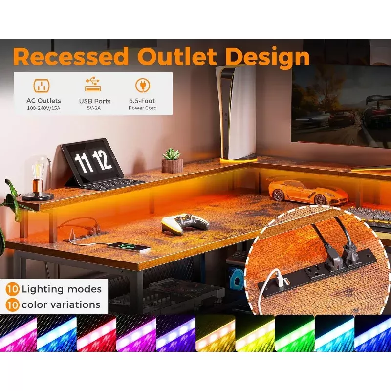 59" L Shaped Gaming Desk with LED Lights - Image 9