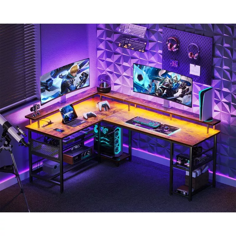 59" L Shaped Gaming Desk with LED Lights - Image 3