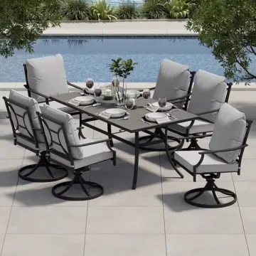 7-Piece Outdoor Dining Set with Swivel Chairs and Faux Woodgrain Table