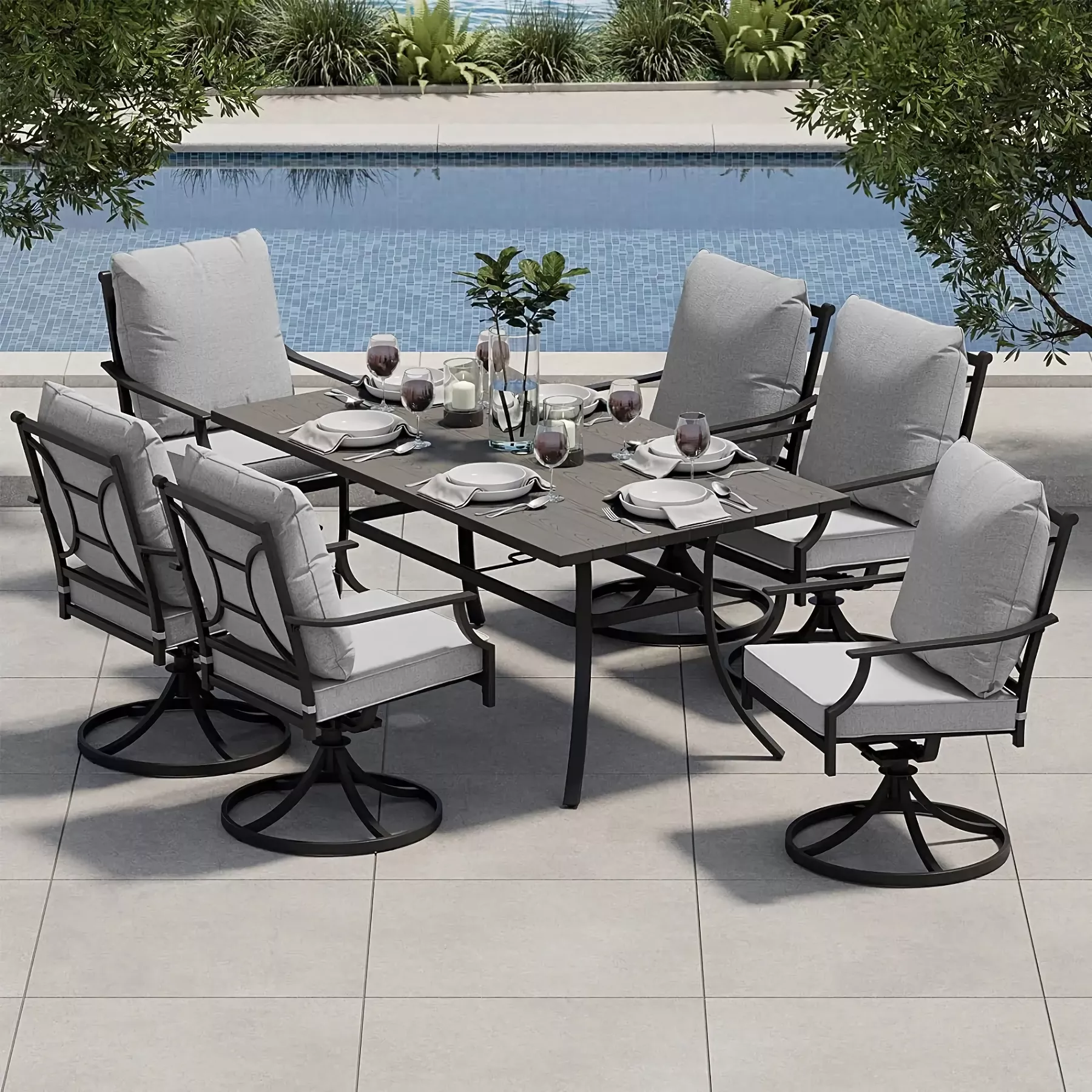 7-Piece Outdoor Dining Set with Swivel Chairs and Faux Woodgrain Table