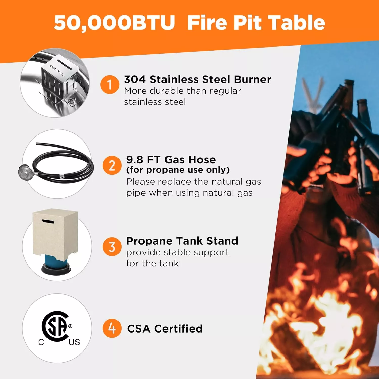 42-Inch Outdoor Propane Fire Pit, 50,000 BTU Round Concrete Gas Fire Table with Cover - Image 5