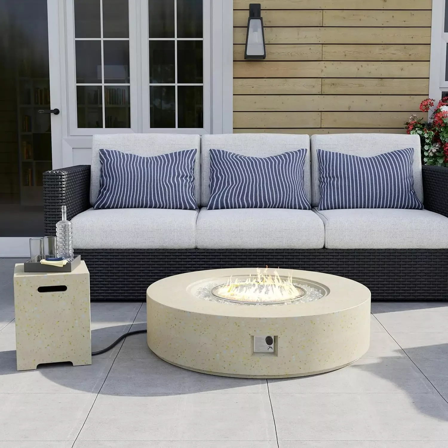 42-Inch Outdoor Propane Fire Pit, 50,000 BTU Round Concrete Gas Fire Table with Cover