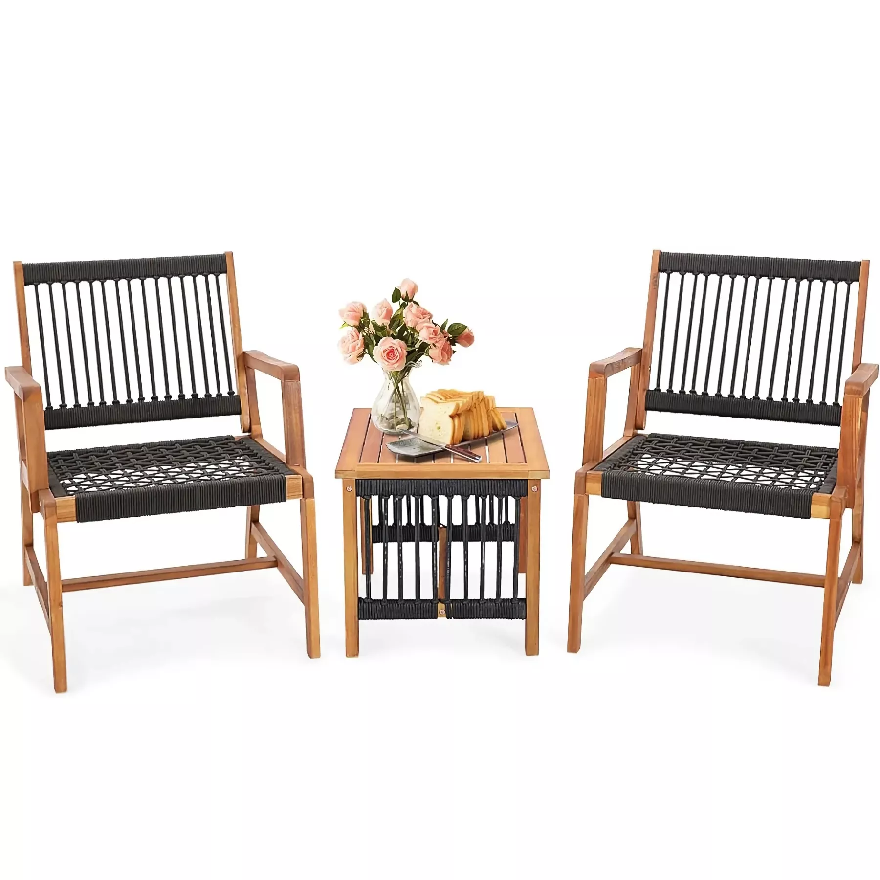 3-Piece Acacia Wood Outdoor Furniture Set with Rope Woven Armchairs & Coffee Table - Image 5