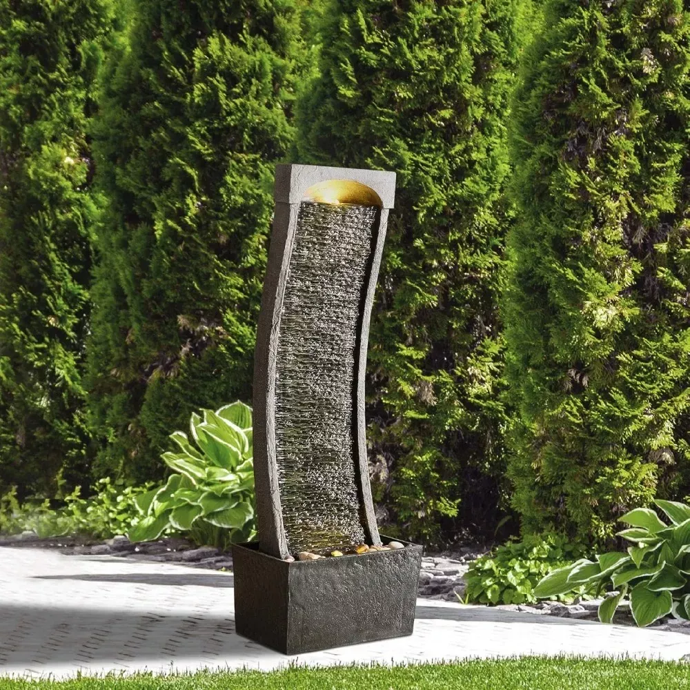 38.58" Curved Faux Slate Waterfall Fountain with LED Lights for Indoor/Outdoor Use - Image 3