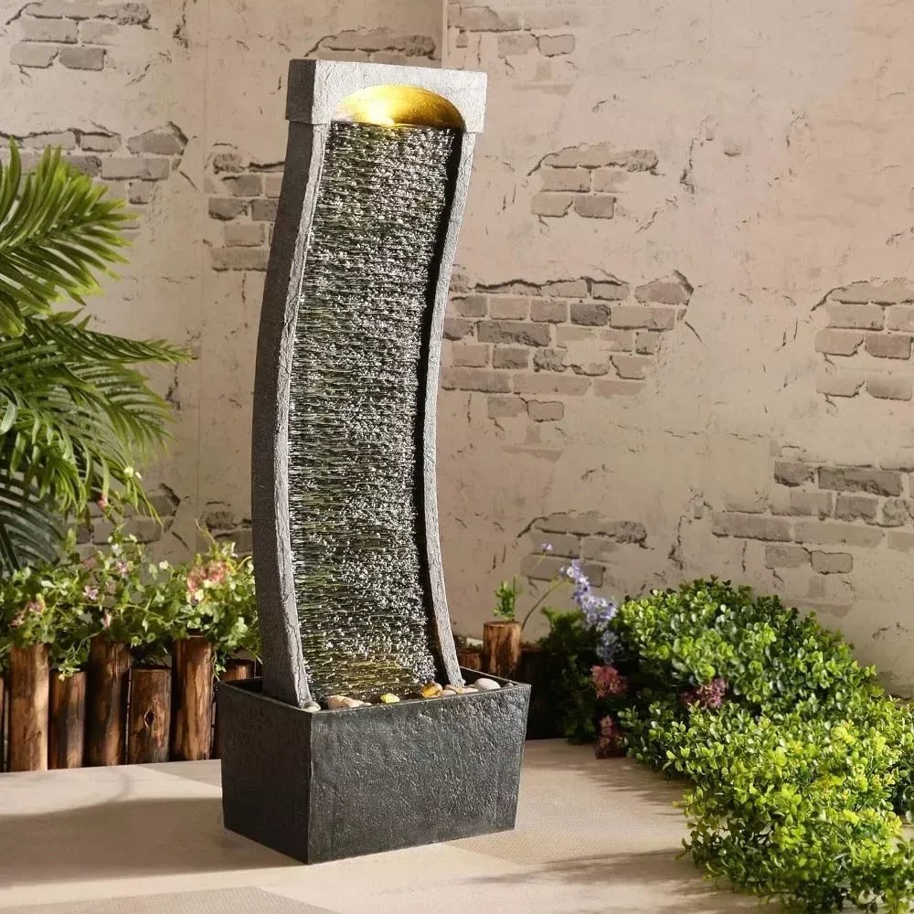 38.58" Curved Faux Slate Waterfall Fountain with LED Lights for Indoor/Outdoor Use