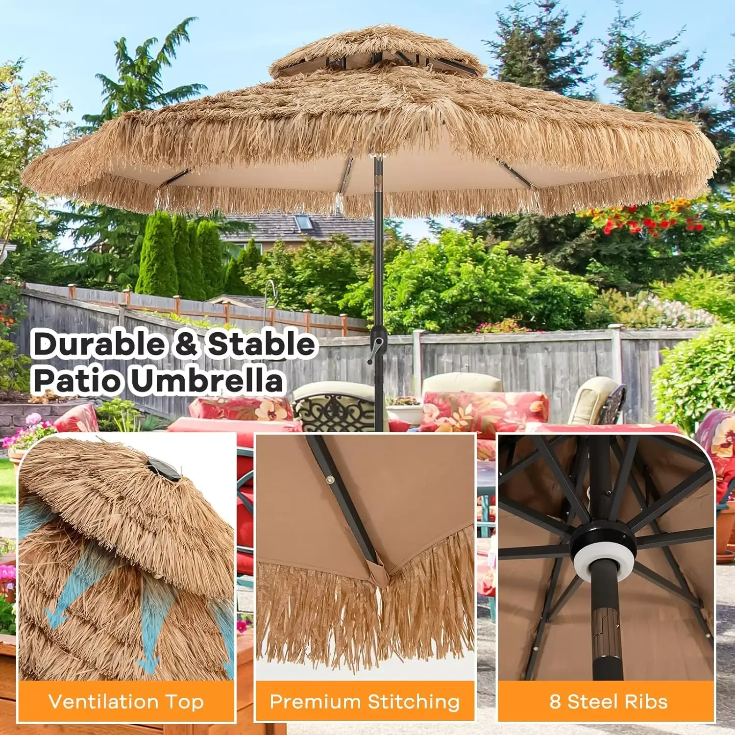 10 ft Thatched Patio Umbrella with 32 LED Lights, Hawaiian Tiki Style Solar Umbrella - Image 5