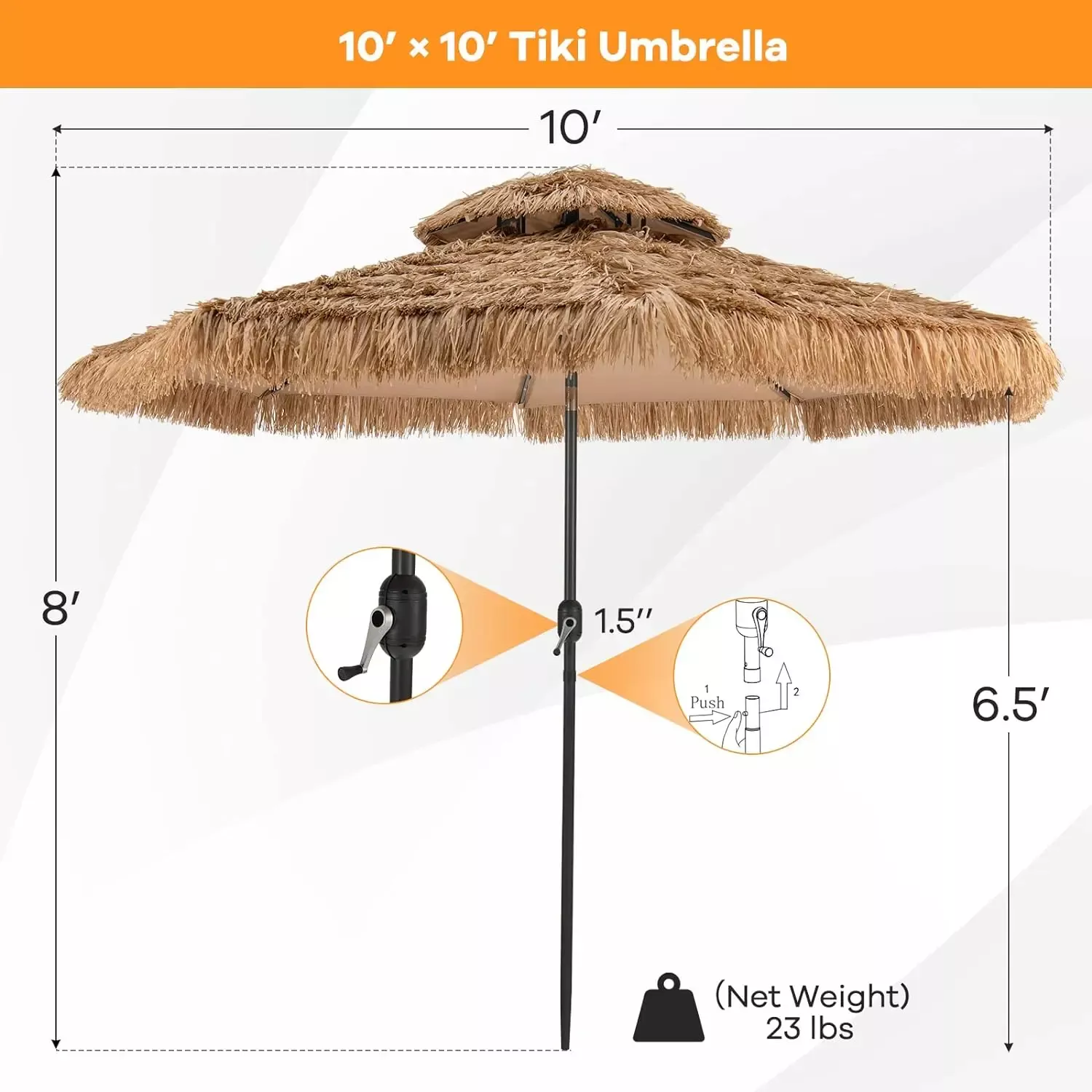 10 ft Thatched Patio Umbrella with 32 LED Lights, Hawaiian Tiki Style Solar Umbrella - Image 7