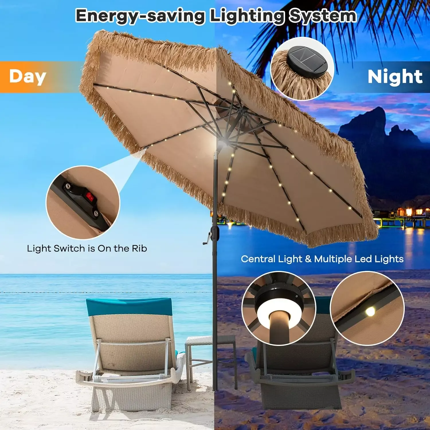 10 ft Thatched Patio Umbrella with 32 LED Lights, Hawaiian Tiki Style Solar Umbrella - Image 4