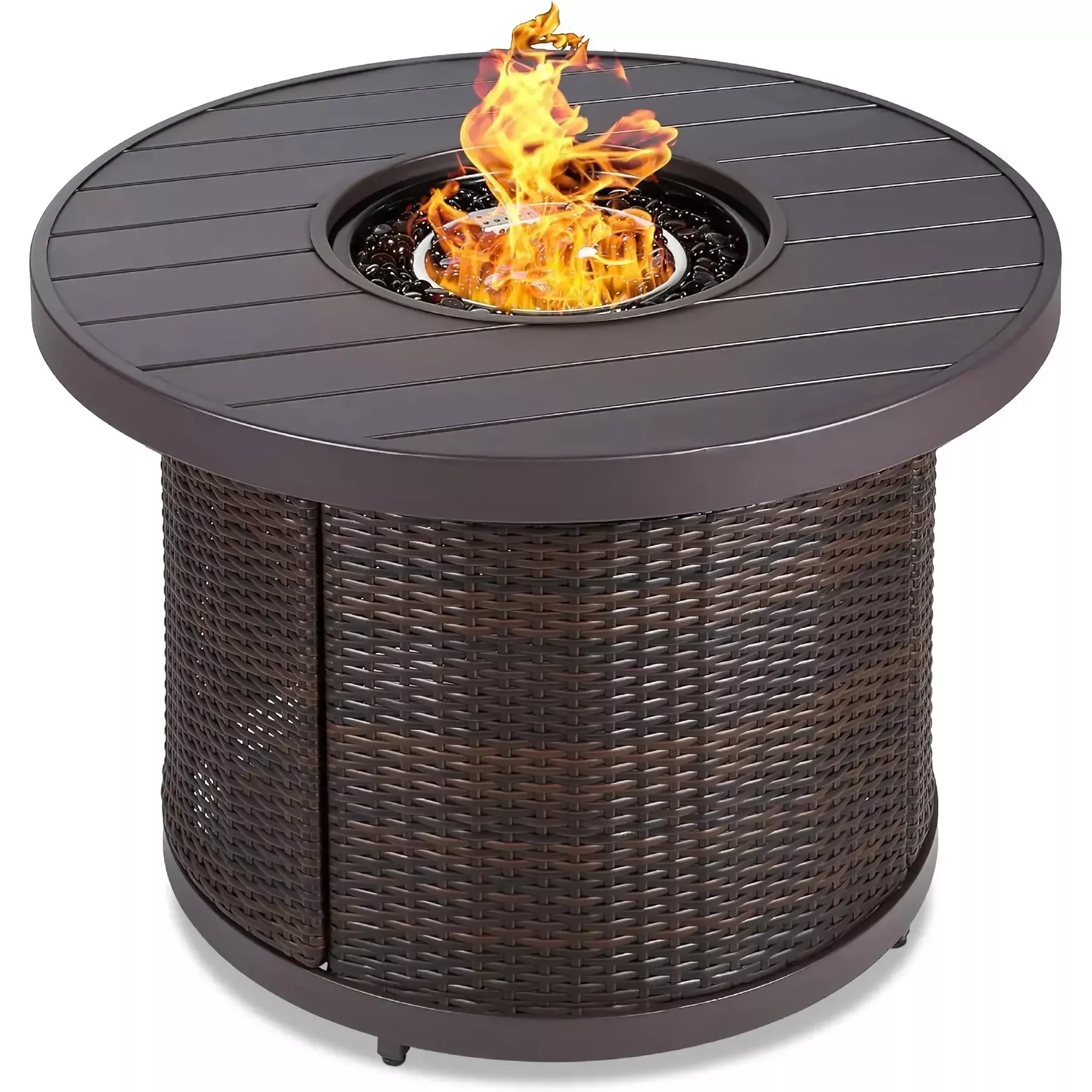32in Round Wicker Gas Fire Pit Table with Faux Wood Top, 50,000 BTU, Glass Beads