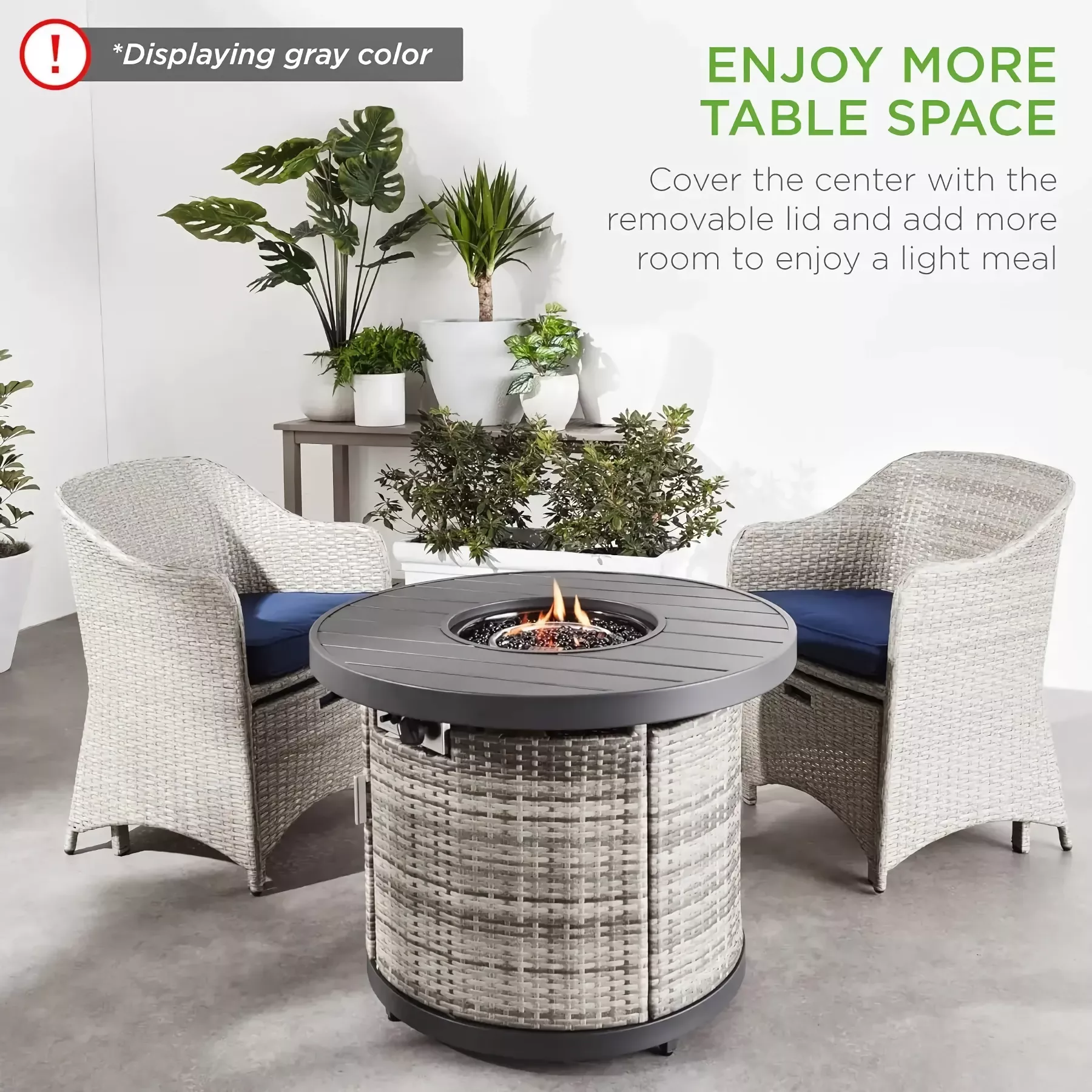 32in Round Wicker Gas Fire Pit Table with Faux Wood Top, 50,000 BTU, Glass Beads - Image 2