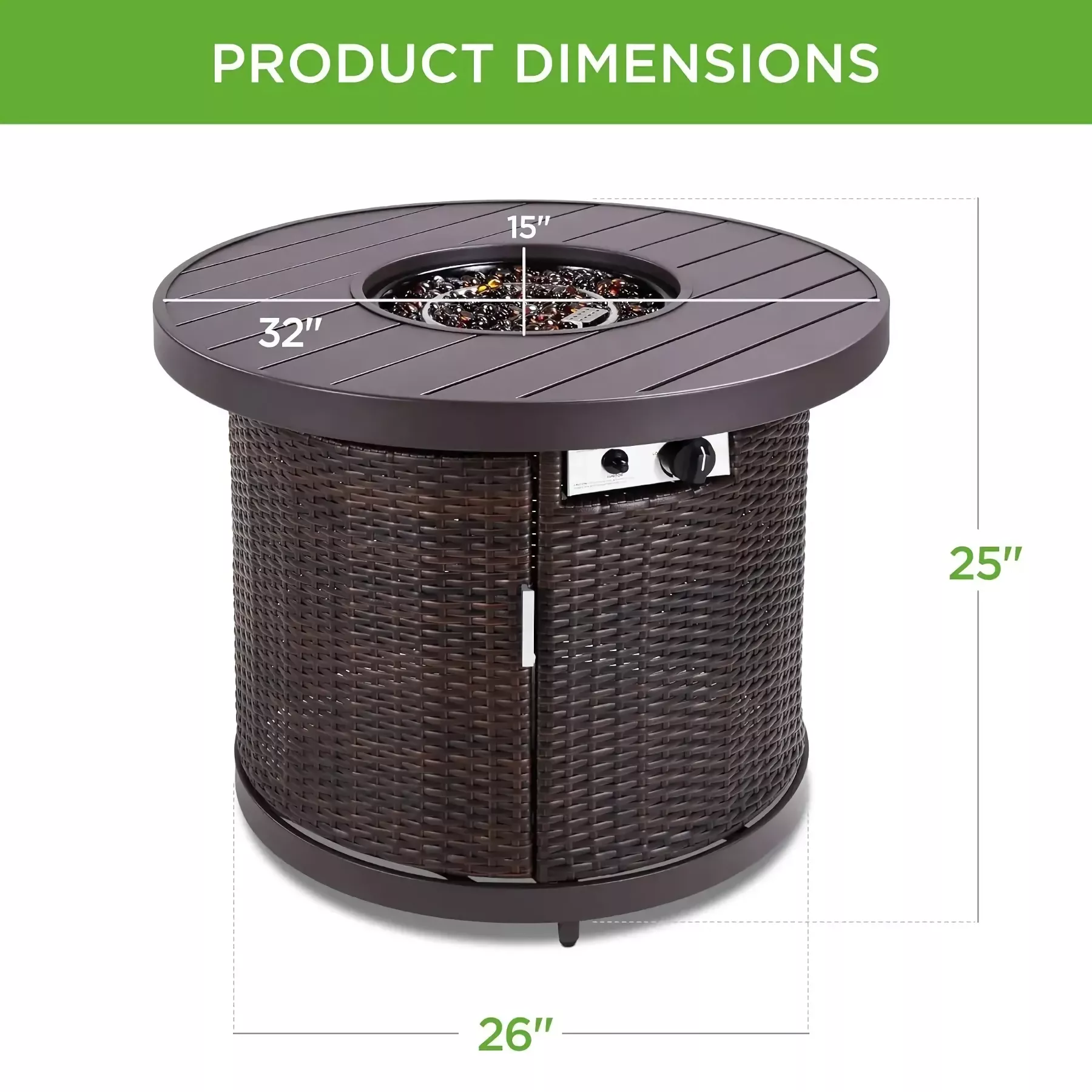 32in Round Wicker Gas Fire Pit Table with Faux Wood Top, 50,000 BTU, Glass Beads - Image 7