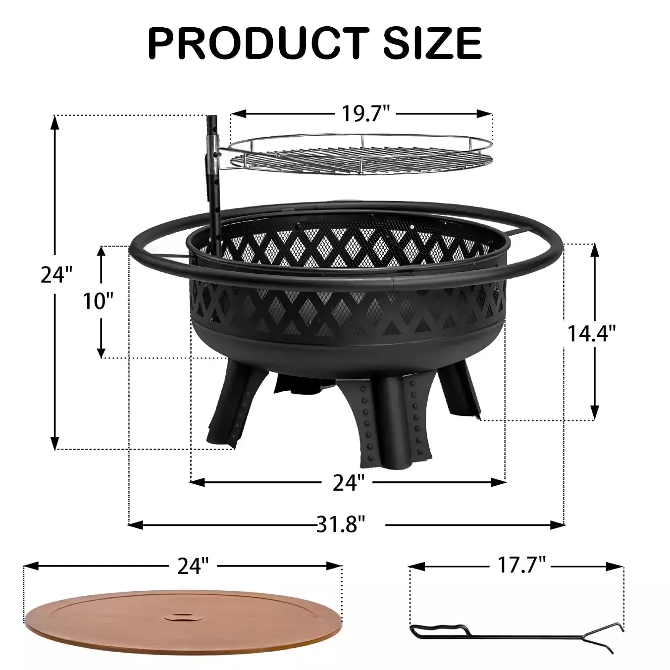 32 Inch Wood Burning Fire Pit with Grill and Lid, Metal Round Outdoor Firepit Table - Image 7