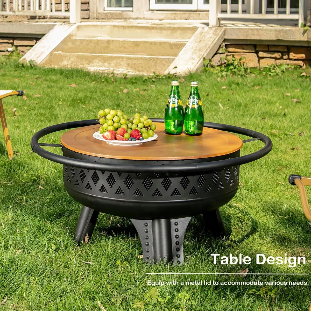 32 Inch Wood Burning Fire Pit with Grill and Lid, Metal Round Outdoor Firepit Table - Image 5