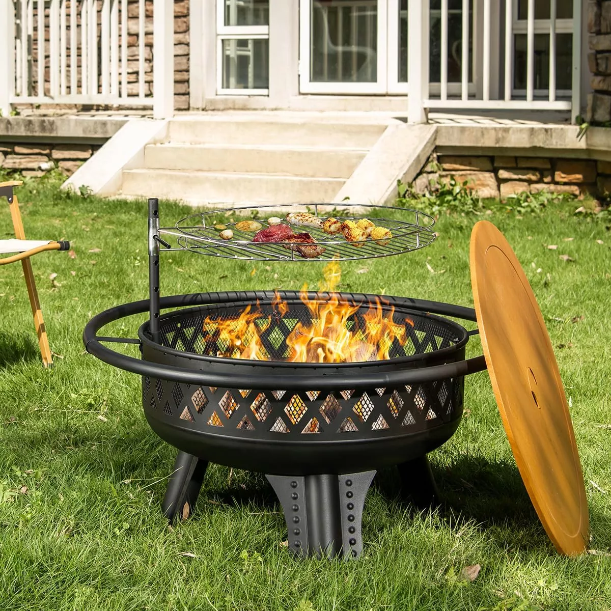 32 Inch Wood Burning Fire Pit with Grill and Lid, Metal Round Outdoor Firepit Table - Image 3