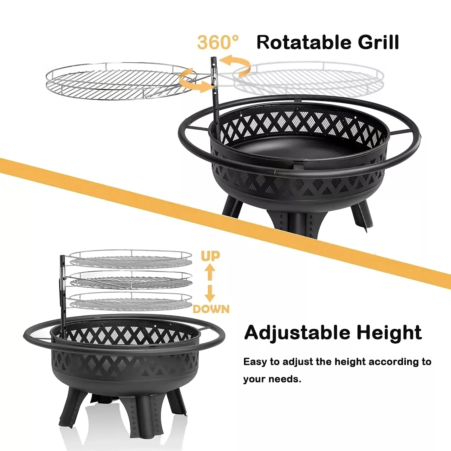 32 Inch Wood Burning Fire Pit with Grill and Lid, Metal Round Outdoor Firepit Table - Image 6